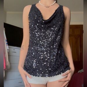 y2k sequin party top navy blue with cowl neck